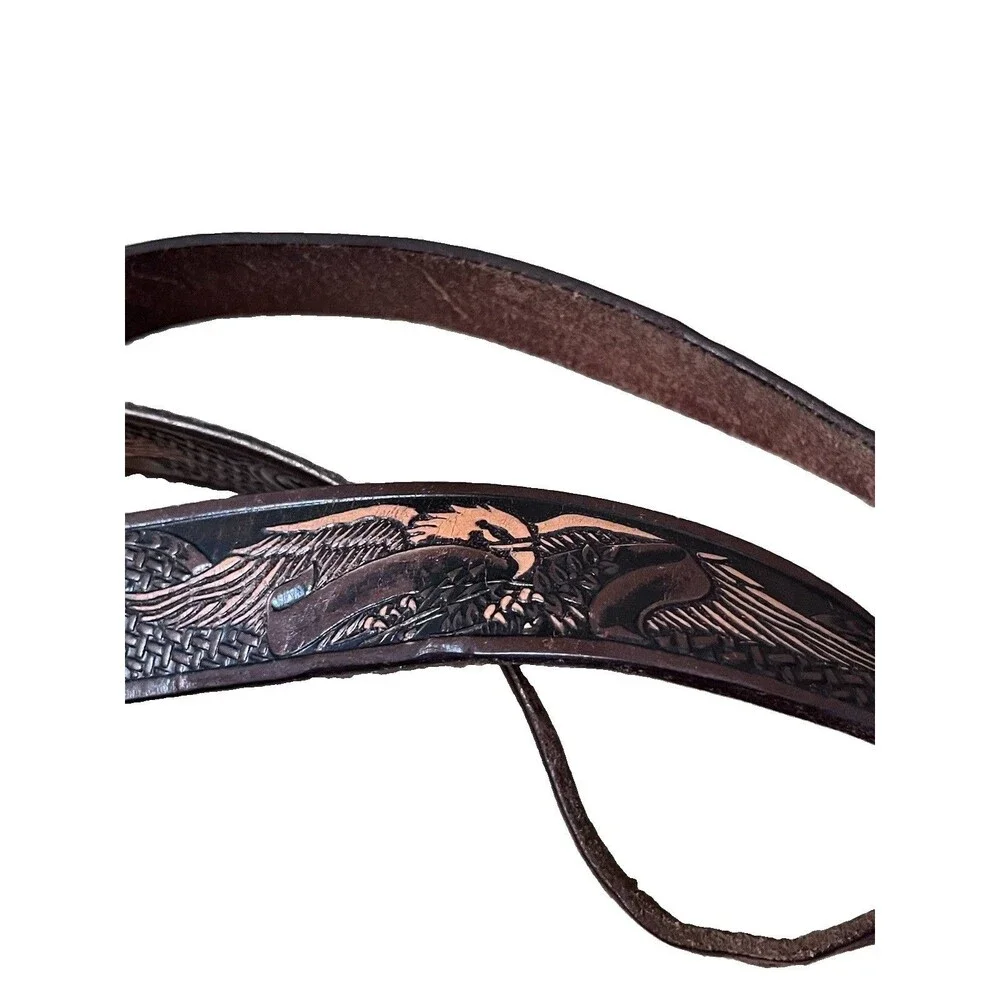 Vtg Style Tooled Buckle Belt Western Eagle Cowboy 44 Brown Leather Y2K Rodeo